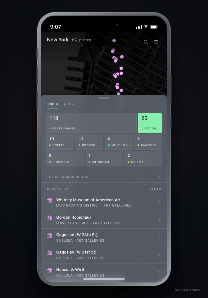 Mobile city view with topic counts